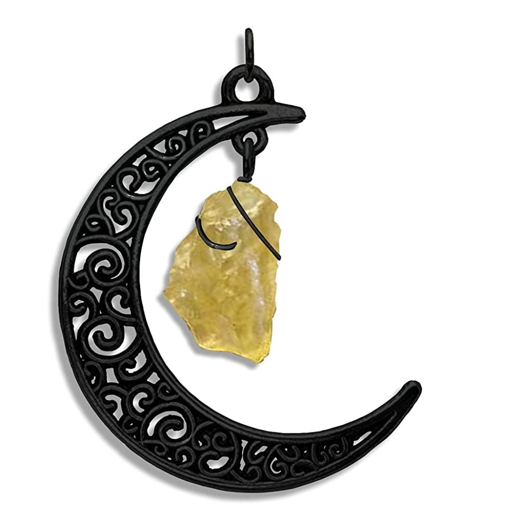 Genuine Raw Libyan Desert Glass Wrapped In Copper In Black Enamel Crescent Moon